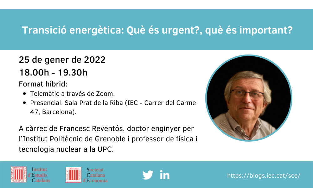 Propera conferència “Transició energètica: Què és urgent?, què és important?”